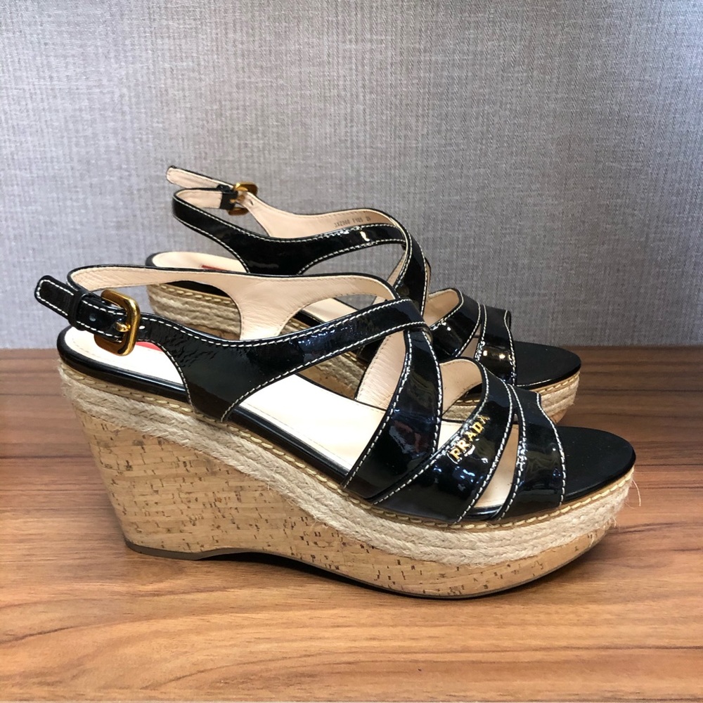 Black Prada Patent leather cork and rope Wedge